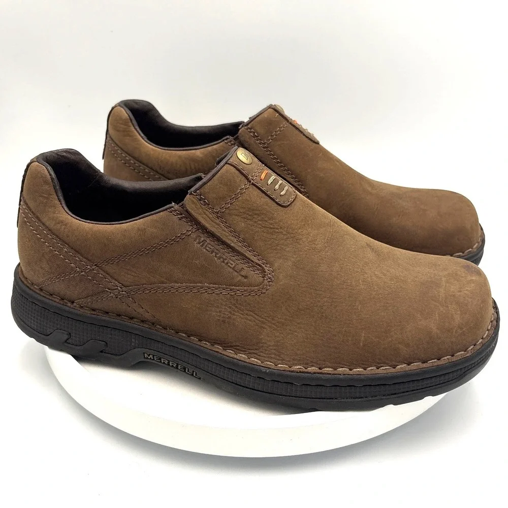 Merrell World Legend Mens 8.5 Dark Earth Brown Leather Slip On Loafers J45197W